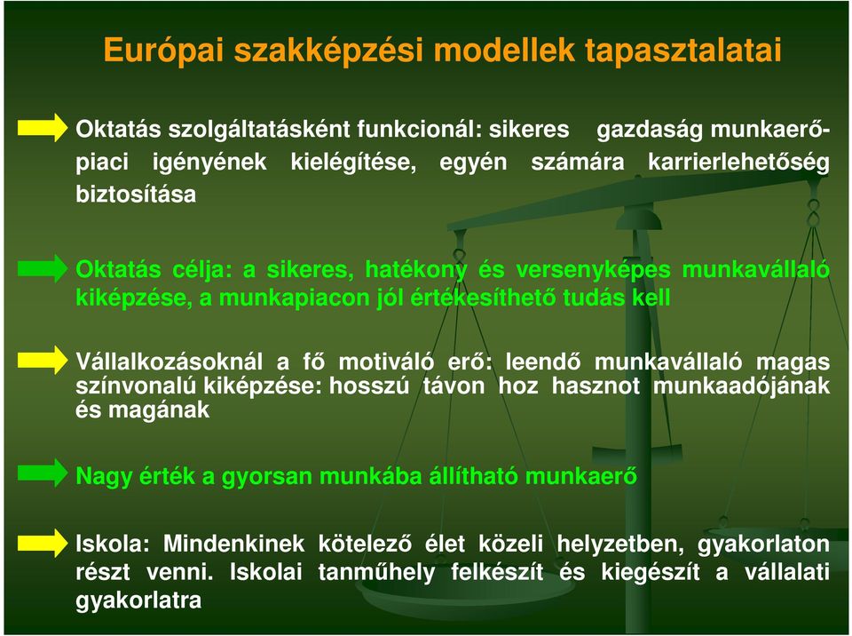 Vállalkozásoknál a fı motiváló erı: leendı munkavállaló magas színvonalú kiképzése: hosszú távon hoz hasznot munkaadójának és magának Nagy érték a gyorsan