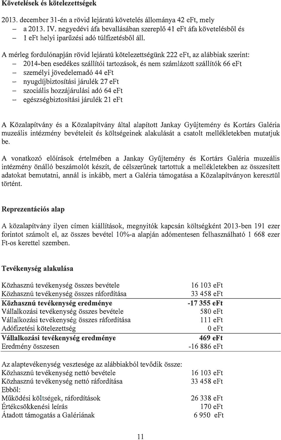 A mérleg fordulónapján rövid lejáratú kötelezettségünk 222 eft, az alábbiak szerint: - 2014-ben esedékes szállítói tartozások, és nem számlázott szállítók 66 eft - személyi jövedelemadó 44 eft -