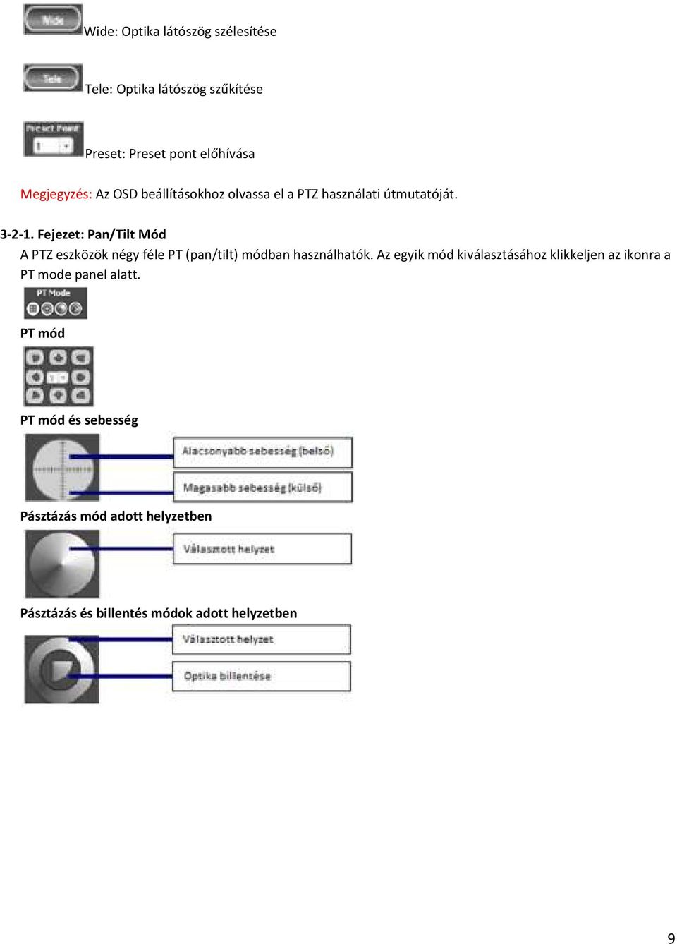 Fejezet: Pan/Tilt Mód A PTZ eszközök négy féle PT (pan/tilt) módban használhatók.