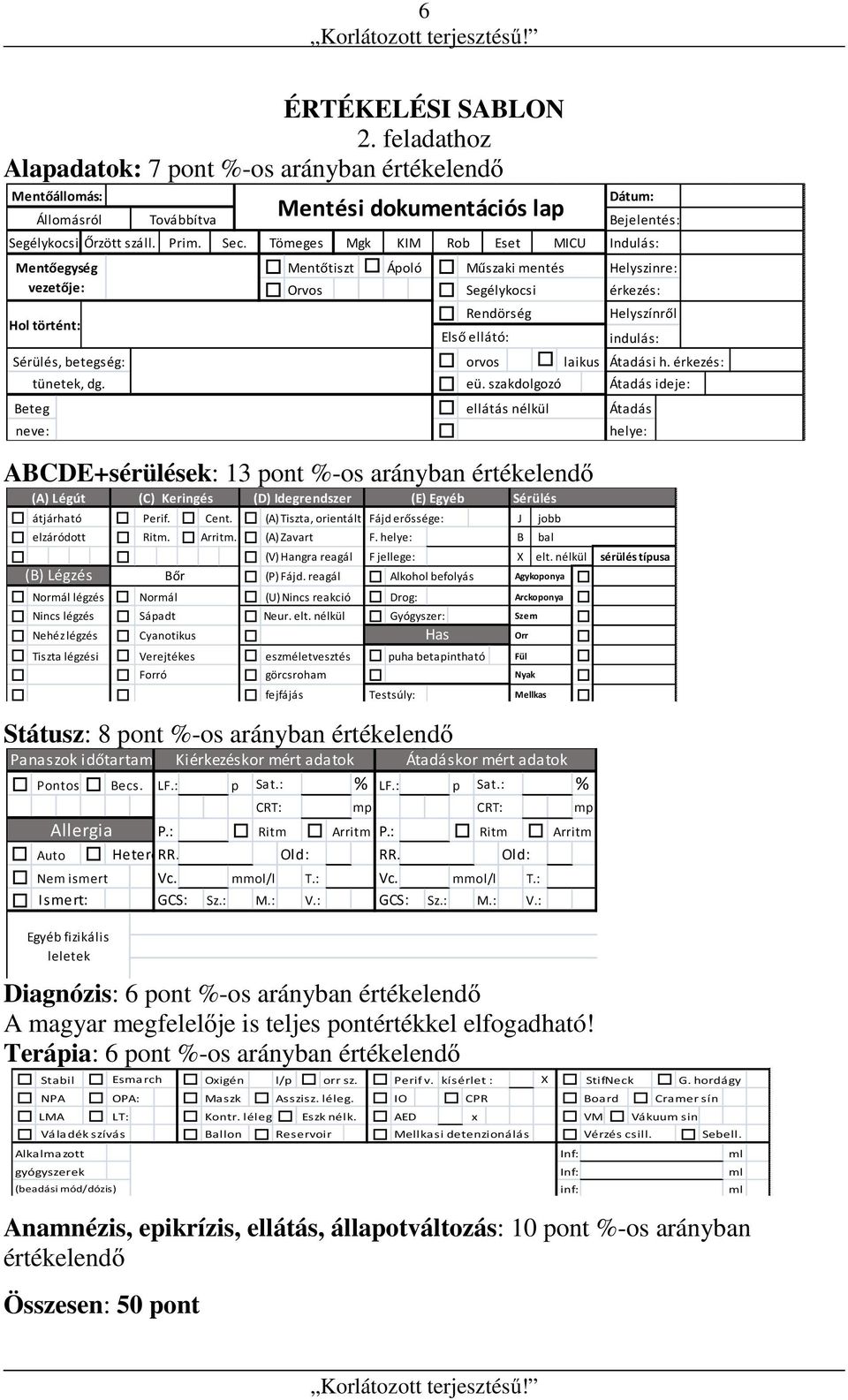 neve: ABCDE+sérülések: 13 pont %-os arányban értékelendő Státusz: 8 pont %-os arányban értékelendő Diagnózis: 6 pont %-os arányban értékelendő A magyar megfelelője is teljes pontértékkel elfogadható!