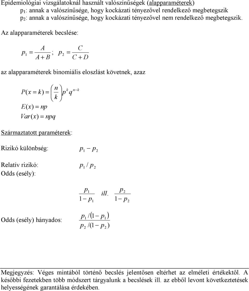 Az alapparaméterek becslése: p A A + B ; p C C + D az alapparaméterek bomáls eloszlást követek, azaz k P( k) p q k E( ) p Var( ) pq Származtatott paraméterek: k Rzkó