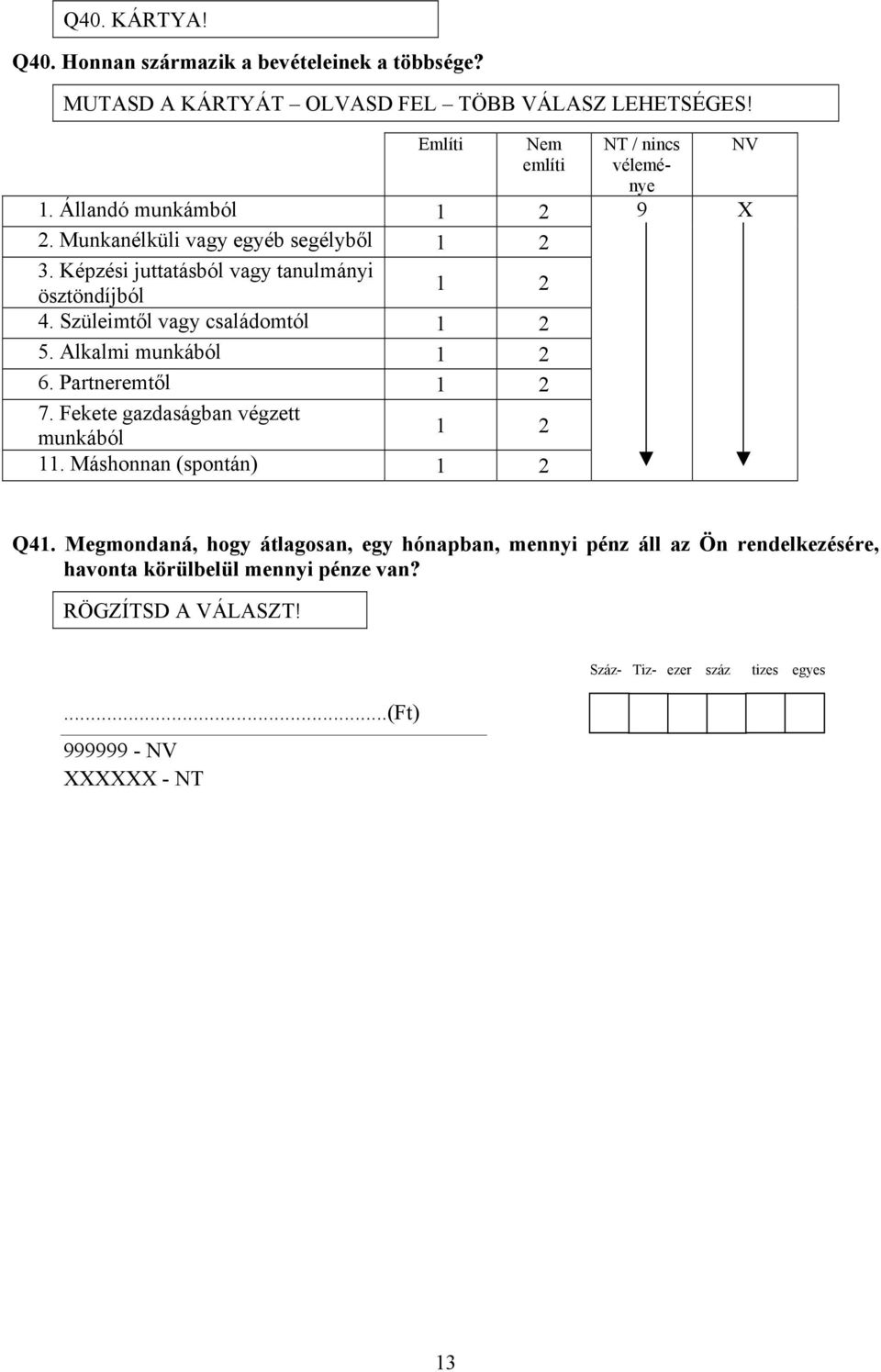 Alkalmi munkából 6. Partneremtől 7. Fekete gazdaságban végzett munkából 11. Máshonnan (spontán) NT / nincs NV véleménye 9 X Q41.