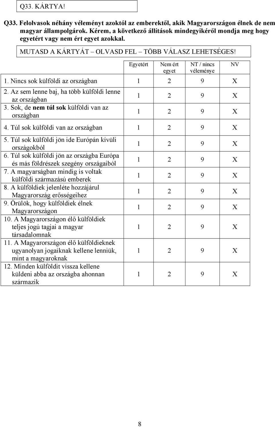 Nincs sok külföldi az országban 9 X 2. Az sem lenne baj, ha több külföldi lenne az országban 3. Sok, de nem túl sok külföldi van az országban NV 9 X 9 X 4. Túl sok külföldi van az országban 9 X 5.