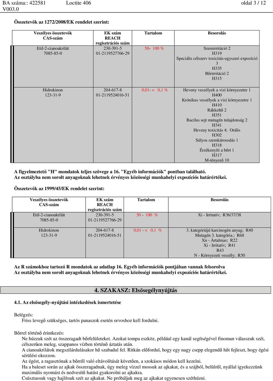 Bacilus sejt mutagén tulajdonság 2 H341 Heveny toxicitás 4; Orális H302 Súlyos szemkárosodás 1 H318 Érzékenyíti a bőrt 1 H317 M-tényező 10 A figyelmeztető "H" mondatok teljes szövege a 16.