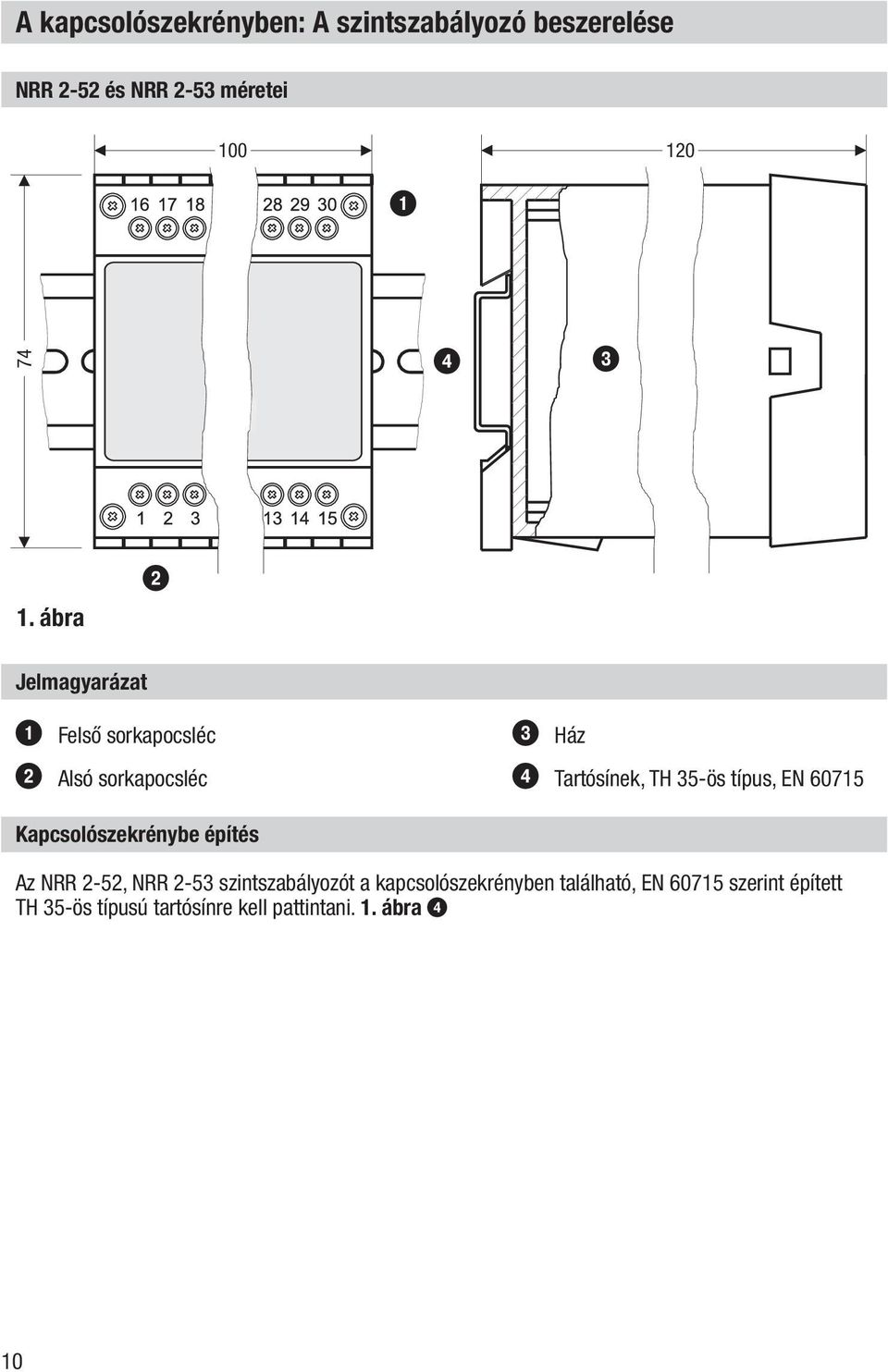 típus, EN 60715 Kapcsolószekrénybe építés Az NRR 2-52, NRR 2-53 szintszabályozót a
