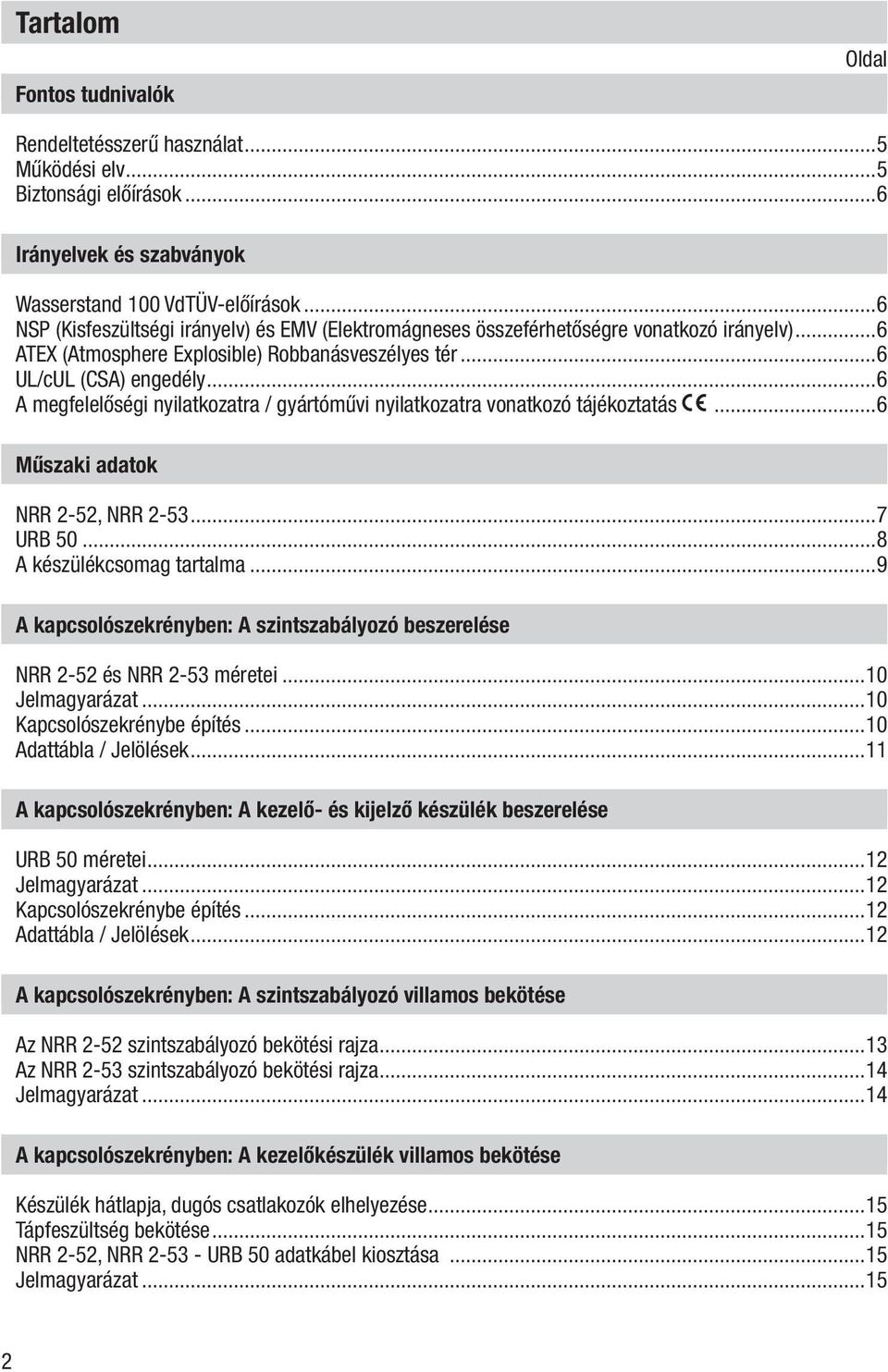 ..6 A megfelelőségi nyilatkozatra / gyártóművi nyilatkozatra vonatkozó tájékoztatás...6 Műszaki adatok NRR 2-52, NRR 2-53...7 URB 50...8 A készülékcsomag tartalma.