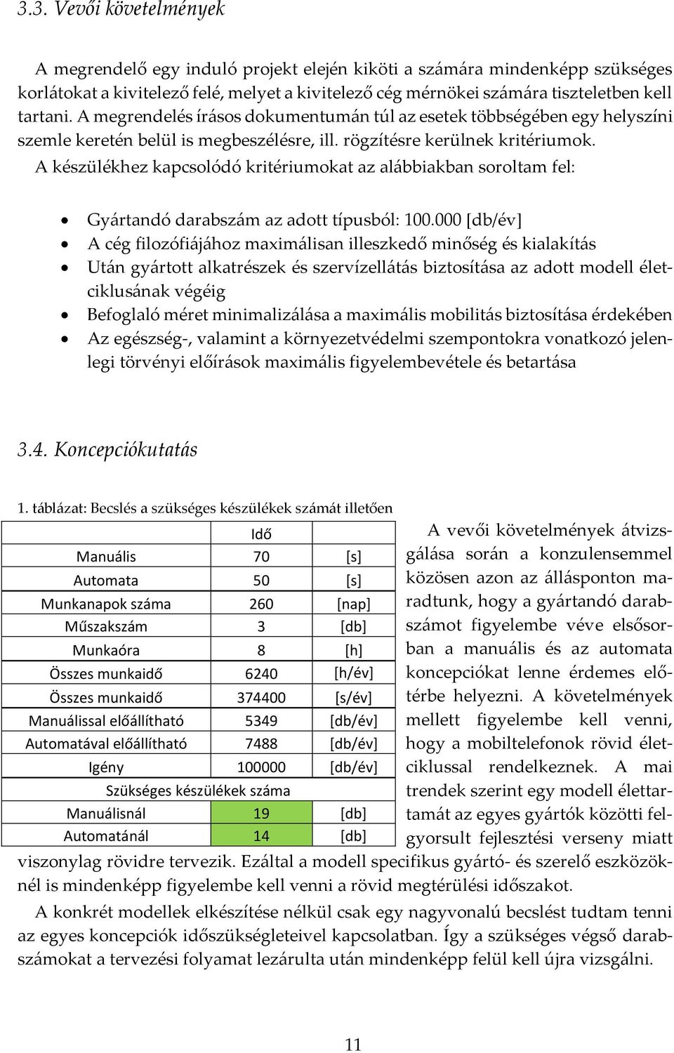 A készülékhez kapcsolódó kritériumokat az alábbiakban soroltam fel: Gyártandó darabszám az adott típusból: 100.