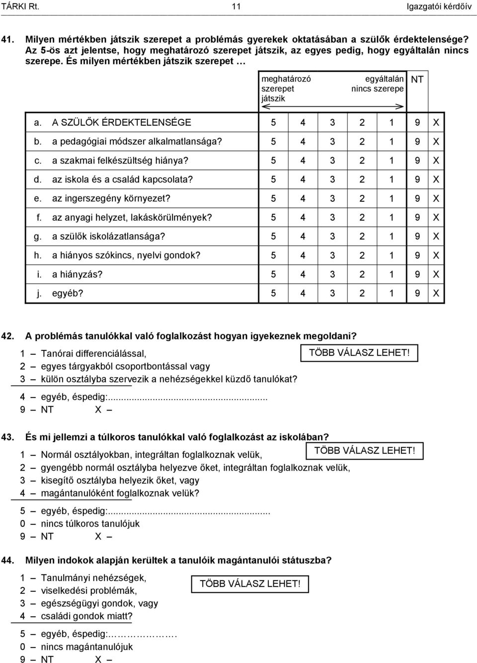 A SZÜLŐK ÉRDEKTELENSÉGE 5 4 3 2 1 9 X b. a pedagógiai módszer alkalmatlansága? 5 4 3 2 1 9 X c. a szakmai felkészültség hiánya? 5 4 3 2 1 9 X d. az iskola és a család kapcsolata? 5 4 3 2 1 9 X e.