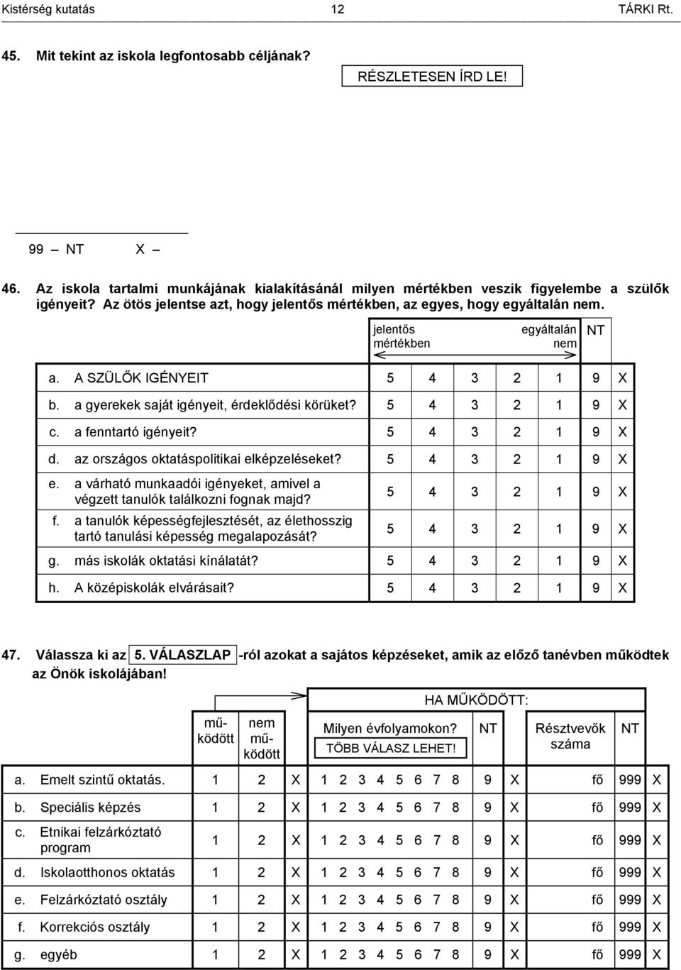 jelentős mértékben egyáltalán nem a. A SZÜLŐK IGÉNYEIT 5 4 3 2 1 9 X b. a gyerekek saját igényeit, érdeklődési körüket? 5 4 3 2 1 9 X c. a fenntartó igényeit? 5 4 3 2 1 9 X d.