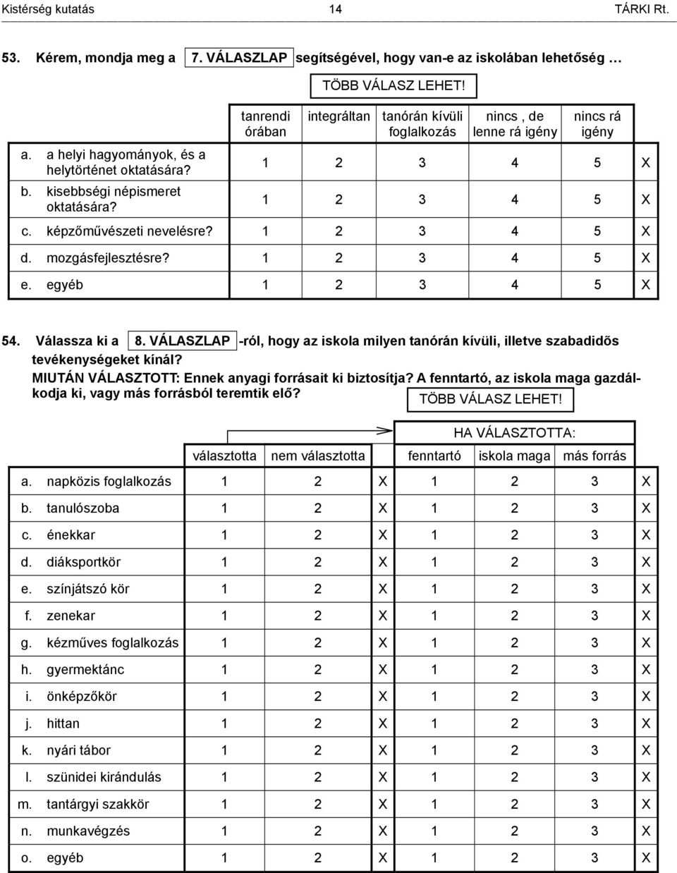 mozgásfejlesztésre? 1 2 3 4 5 X e. egyéb 1 2 3 4 5 X 54. Válassza ki a 8. VÁLASZLAP -ról, hogy az iskola milyen tanórán kívüli, illetve szabadidõs tevékenységeket kínál?