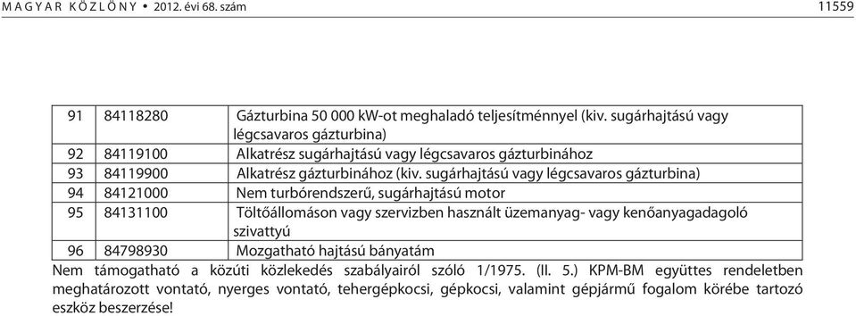 sugárhajtású vagy légcsavaros gázturbina) 94 84121000 Nem turbórendszerű, sugárhajtású motor 95 84131100 Töltőállomáson vagy szervizben használt üzemanyag- vagy kenőanyagadagoló