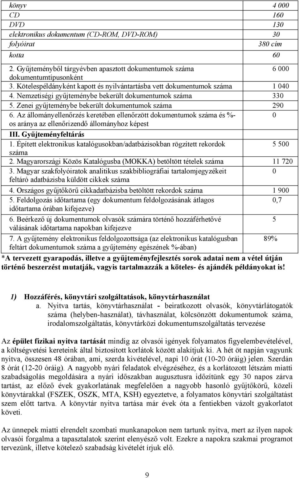 Az állományellenőrzés keretében ellenőrzött dokumentumok száma és %- 0 os aránya az ellenőrizendő állományhoz képest III. Gyűjteményfeltárás 1.