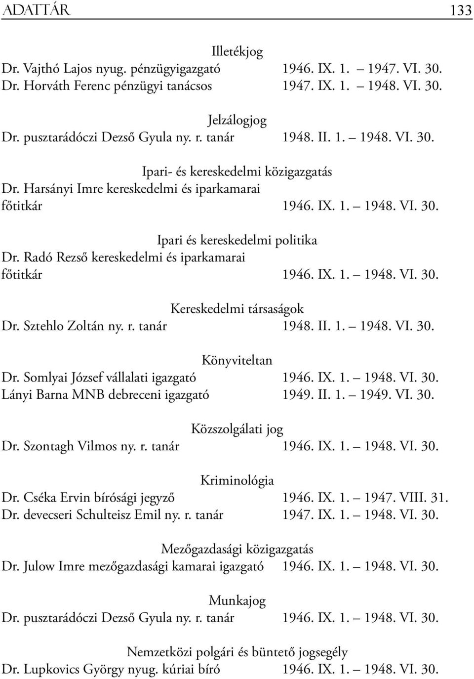 Radó Rezső kereskedelmi és iparkamarai főtitkár 1946. IX. 1. 1948. VI. 30. Kereskedelmi társaságok Dr. Sztehlo Zoltán ny. r. tanár 1948. II. 1. 1948. VI. 30. Könyviteltan Dr.