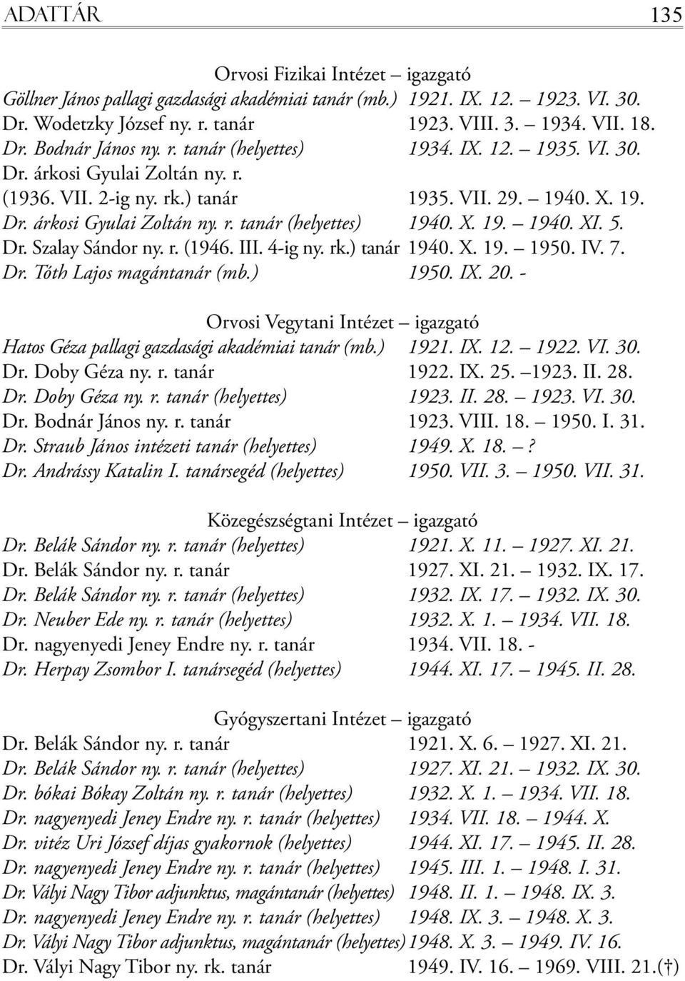 5. Dr. Szalay Sándor ny. r. (1946. III. 4-ig ny. rk.) tanár 1940. X. 19. 1950. IV. 7. Dr. Tóth Lajos magántanár (mb.) 1950. IX. 20.