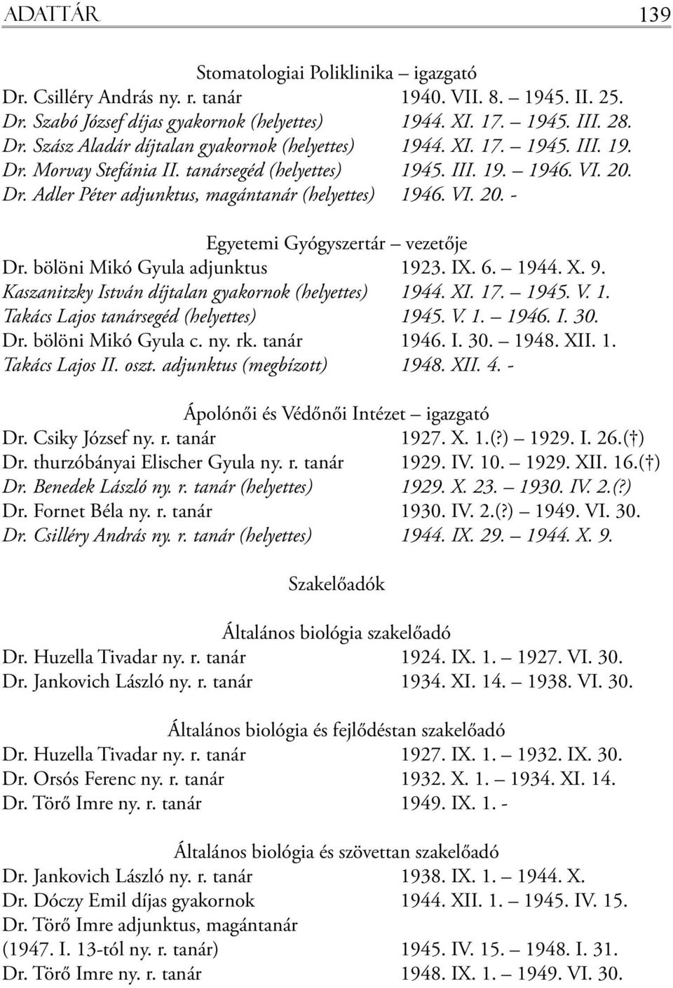 bölöni Mikó Gyula adjunktus 1923. IX. 6. 1944. X. 9. Kaszanitzky István díjtalan gyakornok (helyettes) 1944. XI. 17. 1945. V. 1. Takács Lajos tanársegéd (helyettes) 1945. V. 1. 1946. I. 30. Dr.