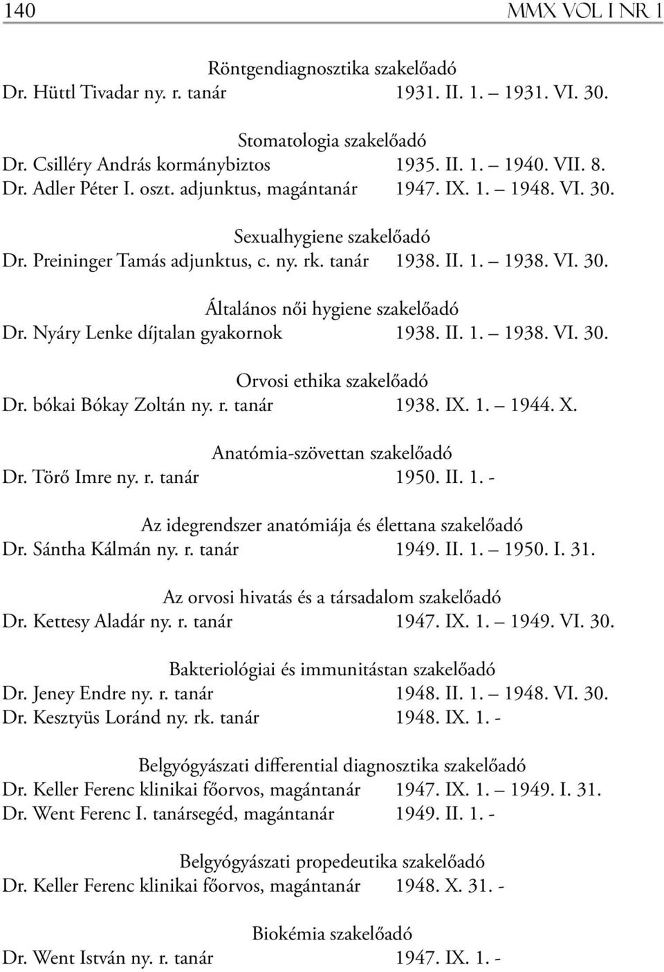 Nyáry Lenke díjtalan gyakornok 1938. II. 1. 1938. VI. 30. Orvosi ethika szakelőadó Dr. bókai Bókay Zoltán ny. r. tanár 1938. IX. 1. 1944. X. Anatómia-szövettan szakelőadó Dr. Törő Imre ny. r. tanár 1950.