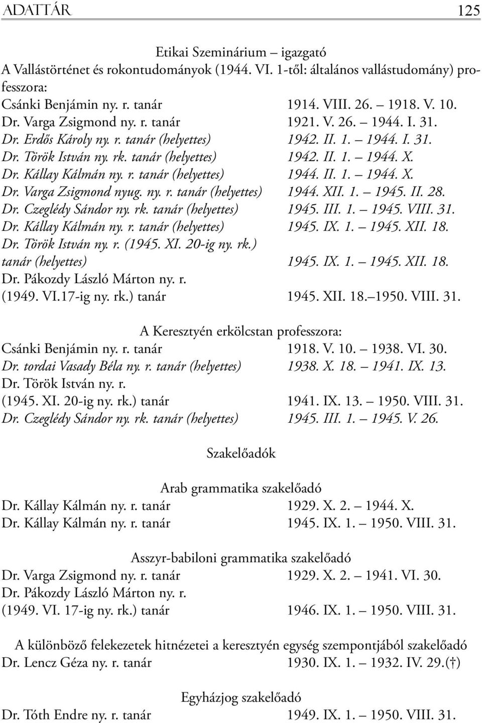 r. tanár (helyettes) 1944. II. 1. 1944. X. Dr. Varga Zsigmond nyug. ny. r. tanár (helyettes) 1944. XII. 1. 1945. II. 28. Dr. Czeglédy Sándor ny. rk. tanár (helyettes) 1945. III. 1. 1945. VIII. 31. Dr. Kállay Kálmán ny.