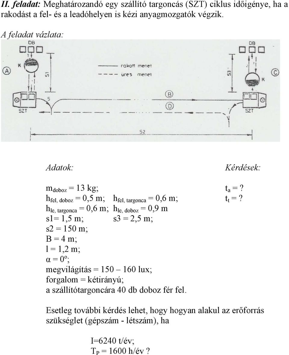 h le, targonca = 0,6 m; h le, doboz = 0,9 m s1= 1,5 m; s3 = 2,5 m; s2 = 150 m; B = 4 m; l = 1,2 m; α = 0º; megvilágítás = 150 160 lux; forgalom =