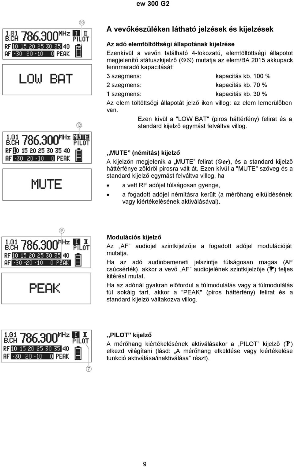 30 % Az elem töltöttségi állapotát jelző ikon villog: az elem lemerülőben van. Ezen kívül a "LOW BAT" (piros háttérfény) felirat és a standard kijelző egymást felváltva villog.