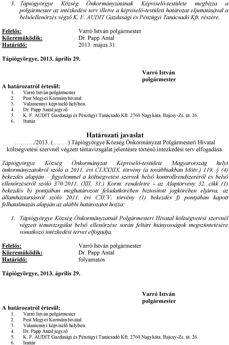 AUDIT Gazdasági és Pénzügyi Tanácsadó Kft. 2760 Nagykáta, Bajcsy-Zs. út. 26. 6. Irattár Határozati javaslat./2013. (.