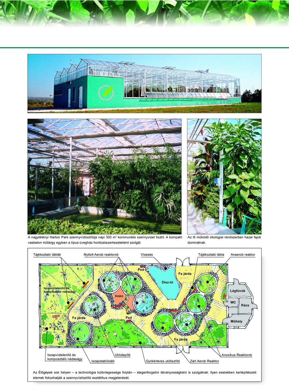 Tájékoztató táblák Nyitott Aerob reaktorok Vízesés Tájékoztató tábla Anaerob reaktor Pad Fa járda Dísz-tó Iszapvíztelenítõ és komposztáló nádaságy Kilátó Légfúvók WC Rács Fa járda Pad Mûhely
