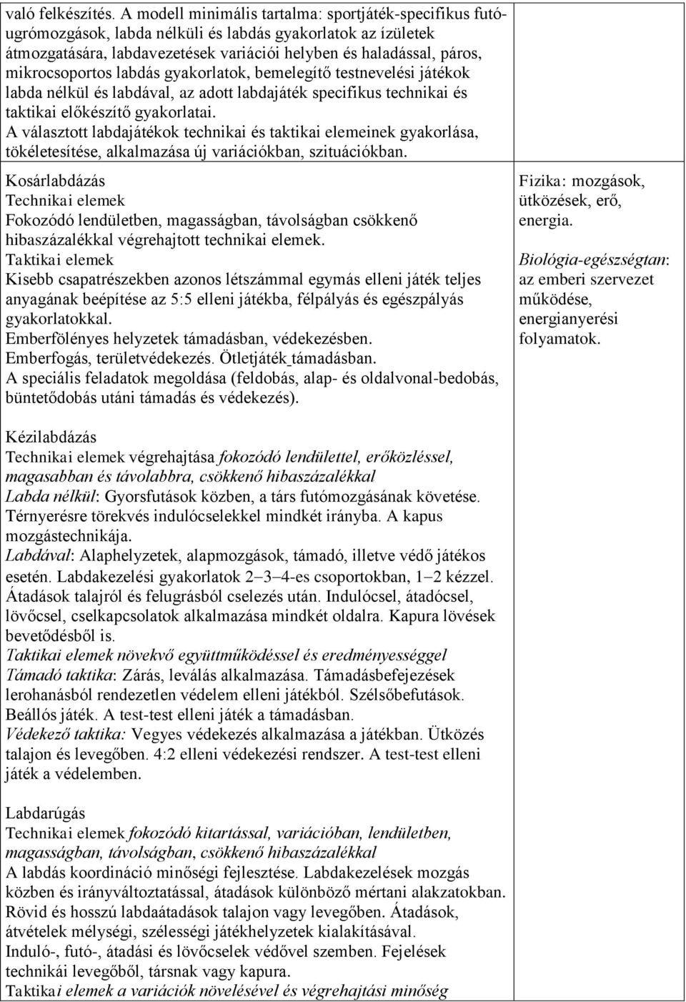 mikrocsoportos labdás gyakorlatok, bemelegítő testnevelési játékok labda nélkül és labdával, az adott labdajáték specifikus technikai és taktikai előkészítő gyakorlatai.