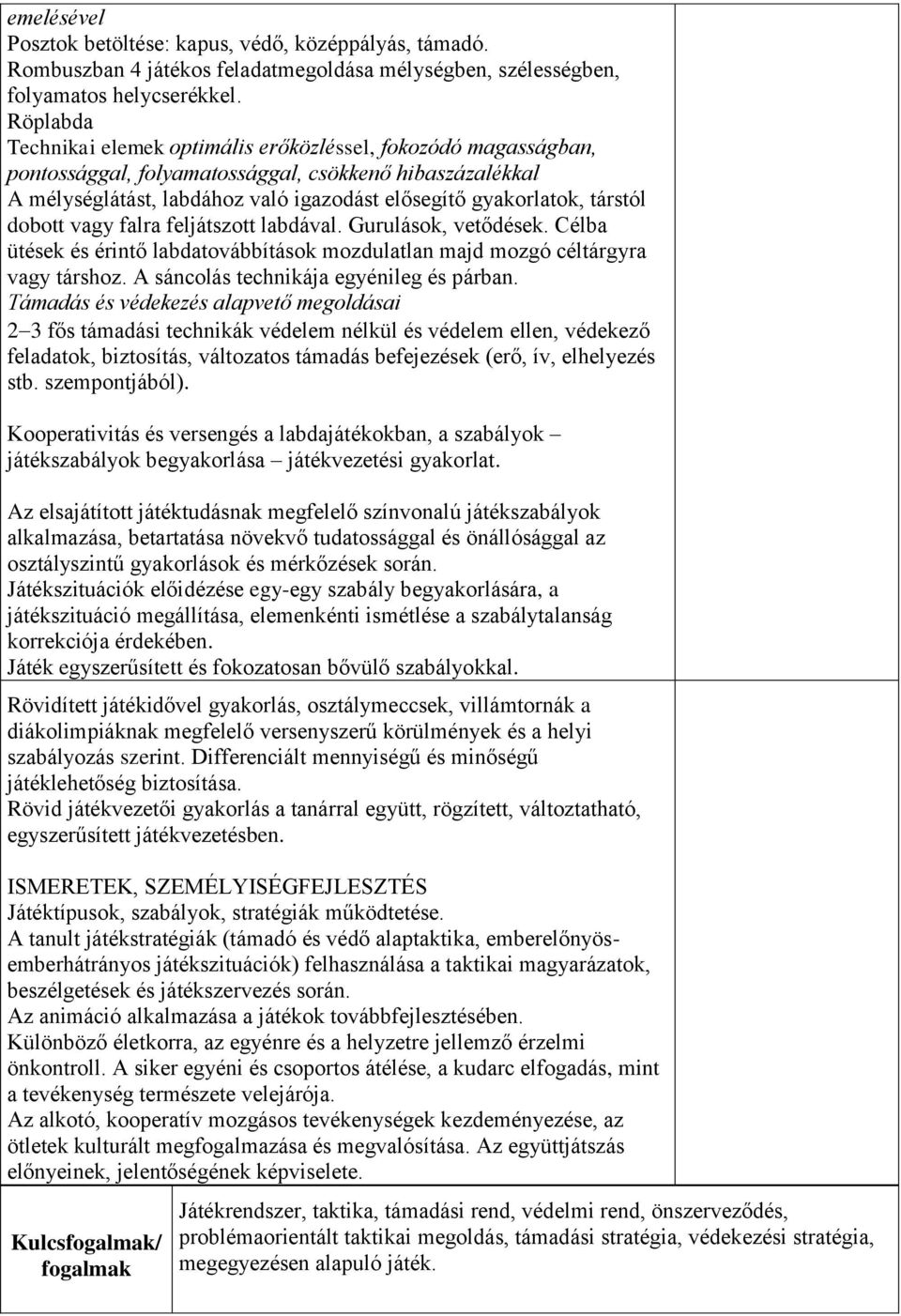 társtól dobott vagy falra feljátszott labdával. Gurulások, vetődések. Célba ütések és érintő labdatovábbítások mozdulatlan majd mozgó céltárgyra vagy társhoz.