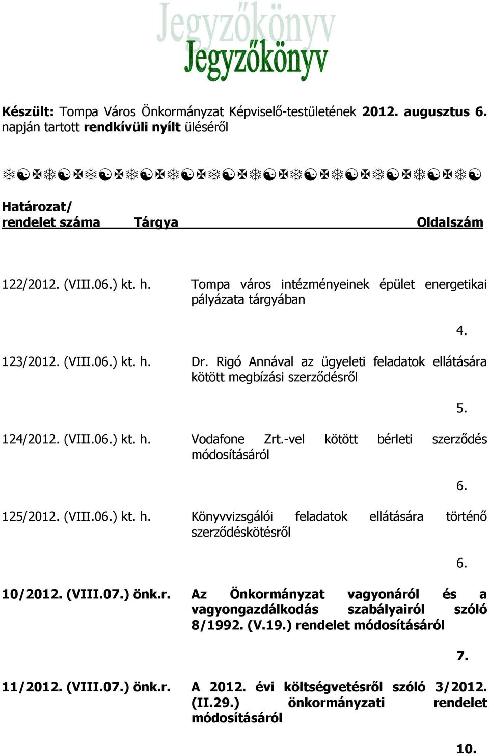 -vel kötött bérleti szerződés módosításáról 125/2012. (VIII.06.) kt. h. Könyvvizsgálói feladatok ellátására történő szerződéskötésről 10/2012. (VIII.07.) önk.r. Az Önkormányzat vagyonáról és a vagyongazdálkodás szabályairól szóló 8/1992.