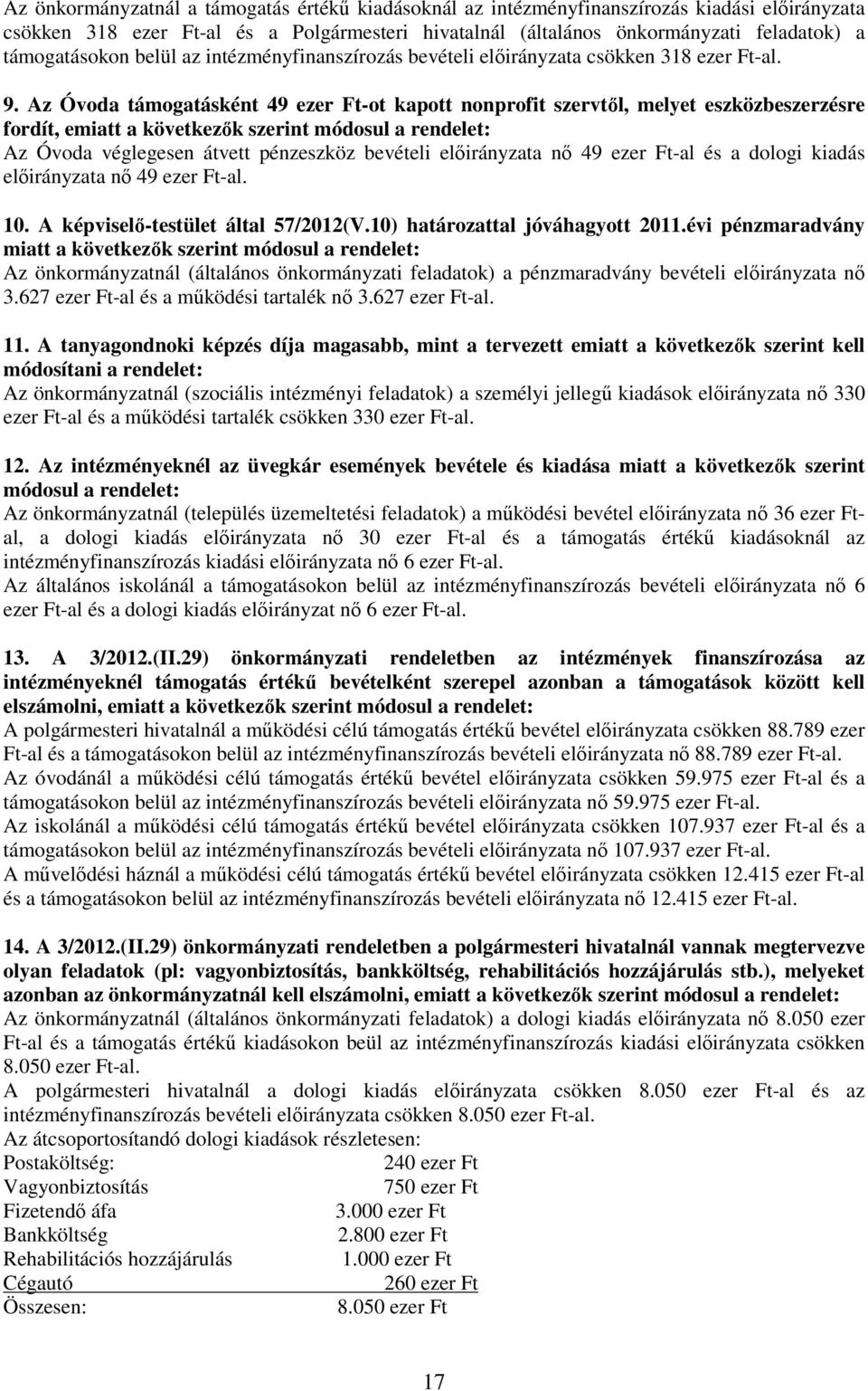 Az Óvoda támogatásként 49 ezer Ft-ot kapott nonprofit szervtől, melyet eszközbeszerzésre fordít, emiatt a következők szerint módosul a rendelet: Az Óvoda véglegesen átvett pénzeszköz bevételi