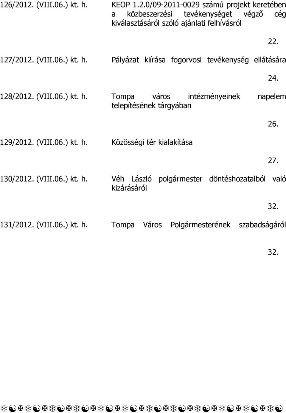 (VIII.06.) kt. h. Közösségi tér kialakítása 130/2012. (VIII.06.) kt. h. Véh László polgármester döntéshozatalból való kizárásáról 131/2012.