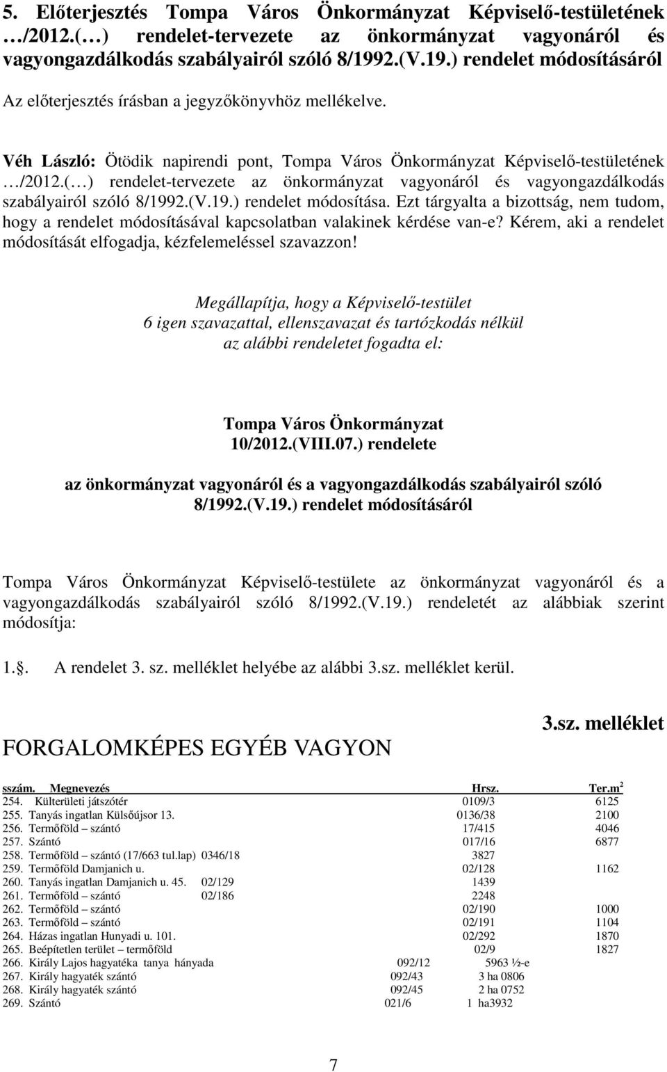 ( ) rendelet-tervezete az önkormányzat vagyonáról és vagyongazdálkodás szabályairól szóló 8/1992.(V.19.) rendelet módosítása.