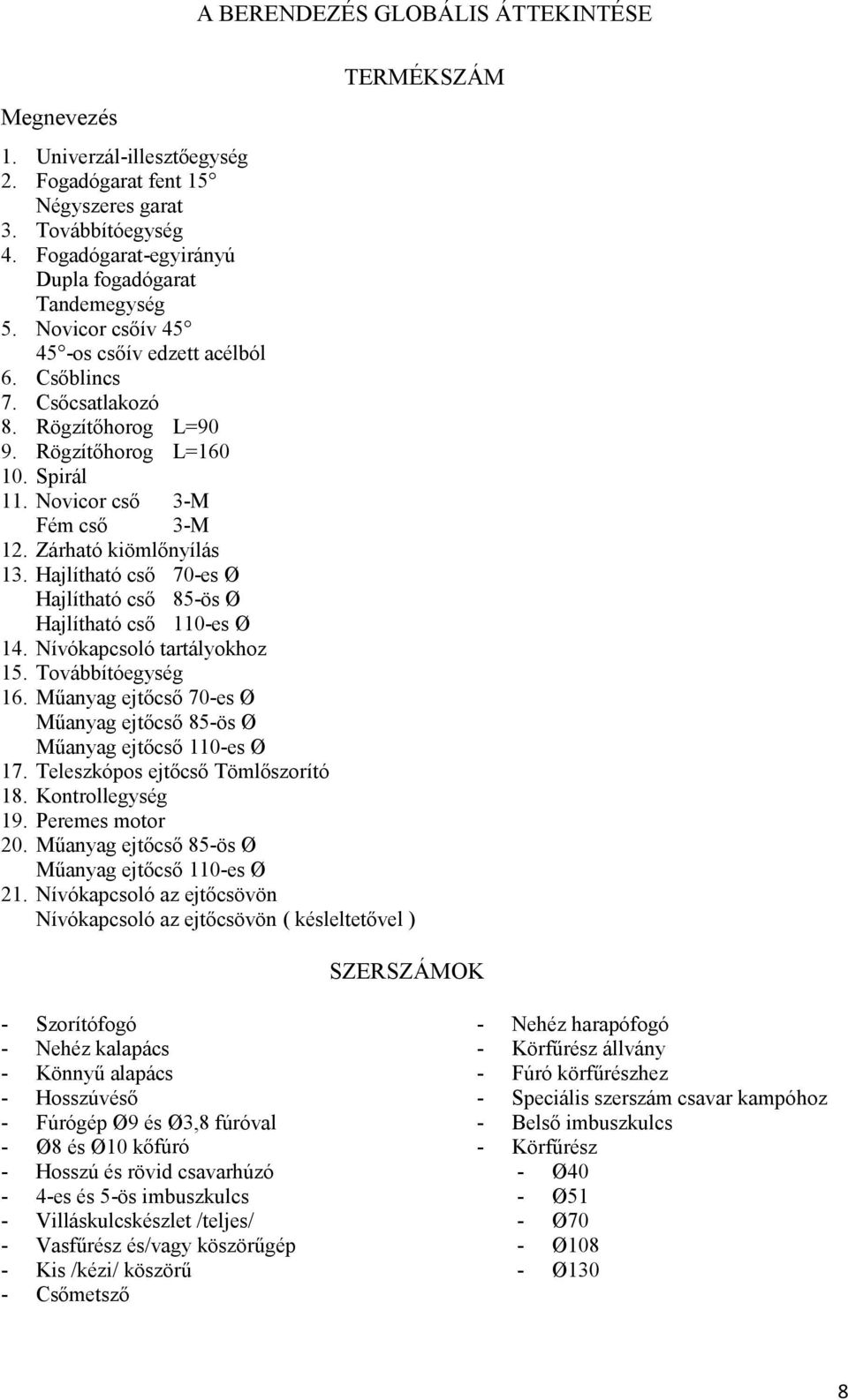 Hajlítható cső 70-es Ø Hajlítható cső 85-ös Ø Hajlítható cső 110-es Ø 14. Nívókapcsoló tartályokhoz 15. Továbbítóegység 16. Műanyag ejtőcső 70-es Ø Műanyag ejtőcső 85-ös Ø Műanyag ejtőcső 110-es Ø 17.