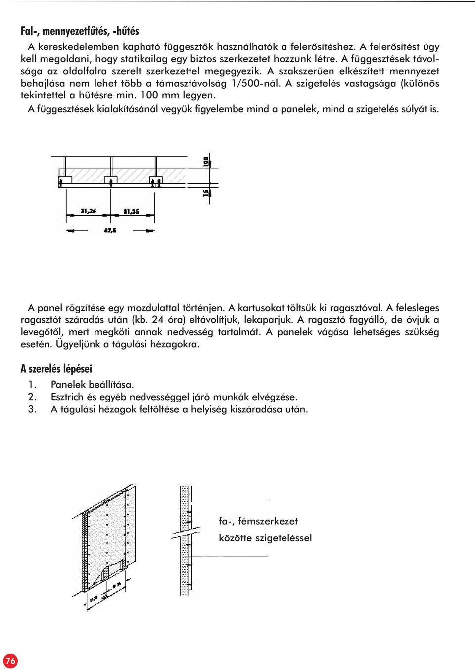 A szigetelés vastagsága (különös tekintettel a hûtésre min. 100 mm legyen. A függesztések kialakításánál vegyük figyelembe mind a panelek, mind a szigetelés súlyát is.