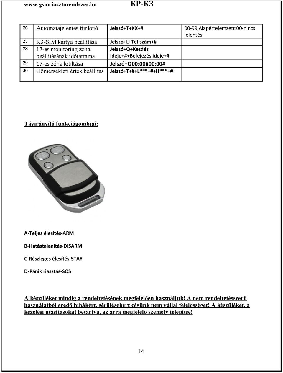 beállítás Jelszó+T+#+L***+#+H***+# Távirányító funkciógombjai: A-Teljes élesítés-arm B-Hatástalanítás-DISARM C-Részleges élesítés-stay D-Pánik riasztás-sos A készüléket