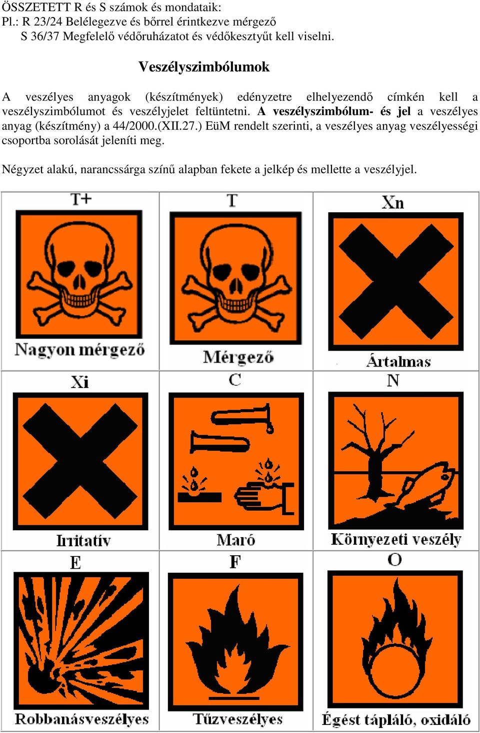 Veszélyszimbólumok A veszélyes anyagok (készítmények) edényzetre elhelyezendő címkén kell a veszélyszimbólumot és veszélyjelet
