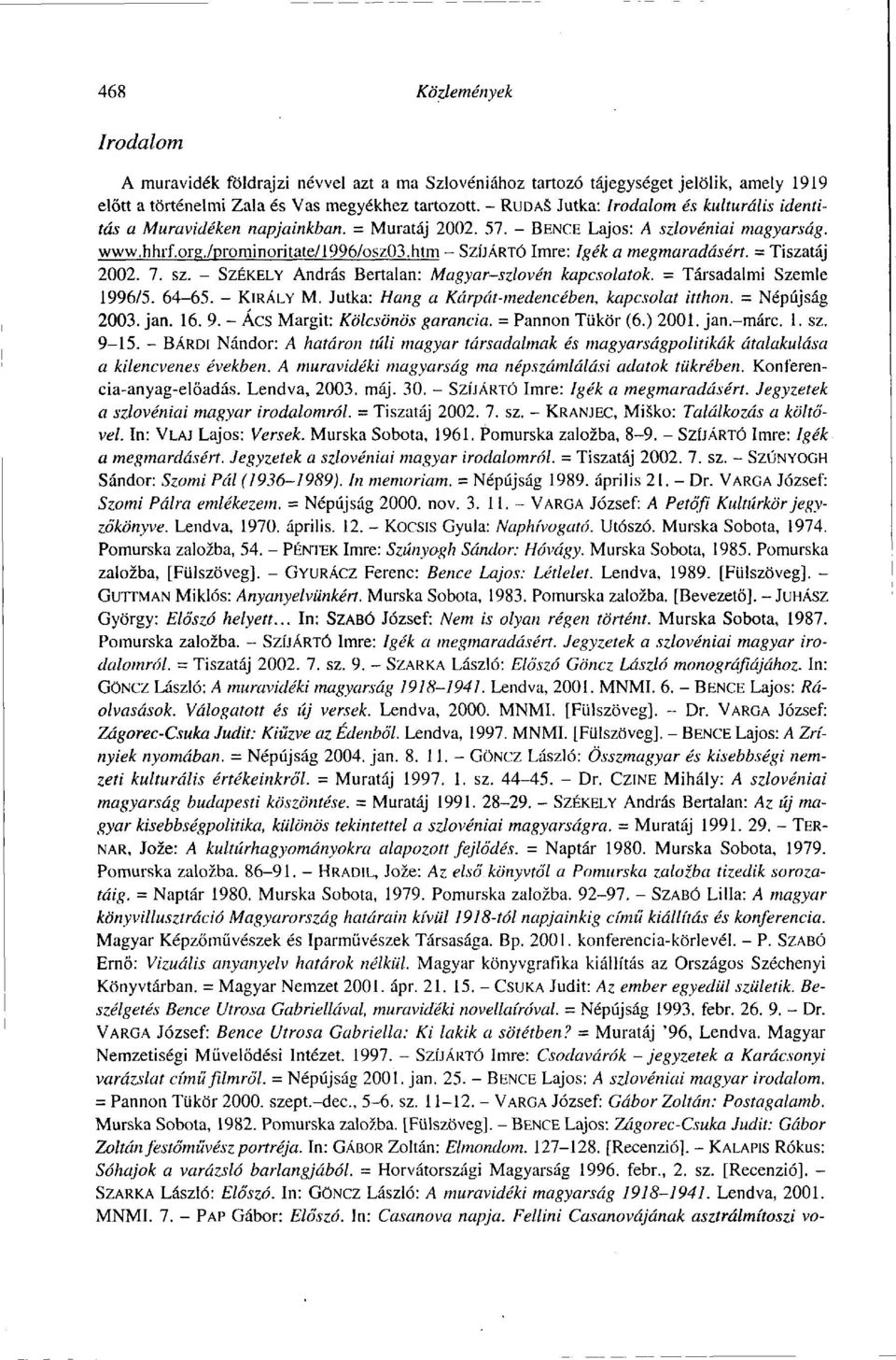 sz. - SZÉKELY András Bertalan: Magyar-szlovén kapcsolatok. = Társadalmi Szemle 1996/5. 64-65. - KIRÁLY M. Jutka: Hang a Kárpát-medencében, kapcsolat itthon. = Népújság 2003. jan. 16. 9.