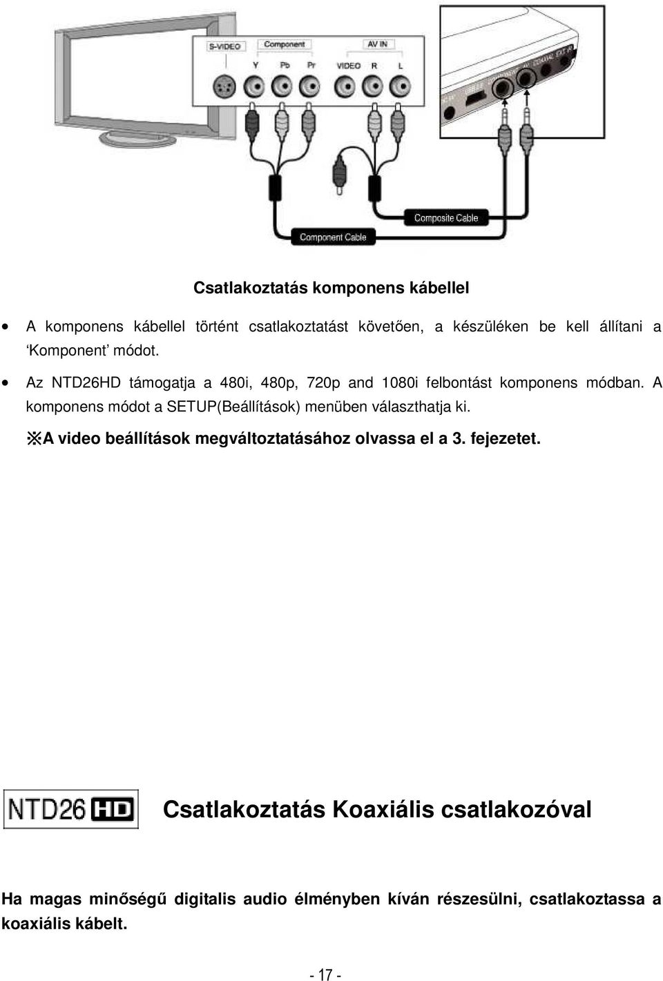 A komponens módot a SETUP(Beállítások) menüben választhatja ki. A video beállítások megváltoztatásához olvassa el a 3.