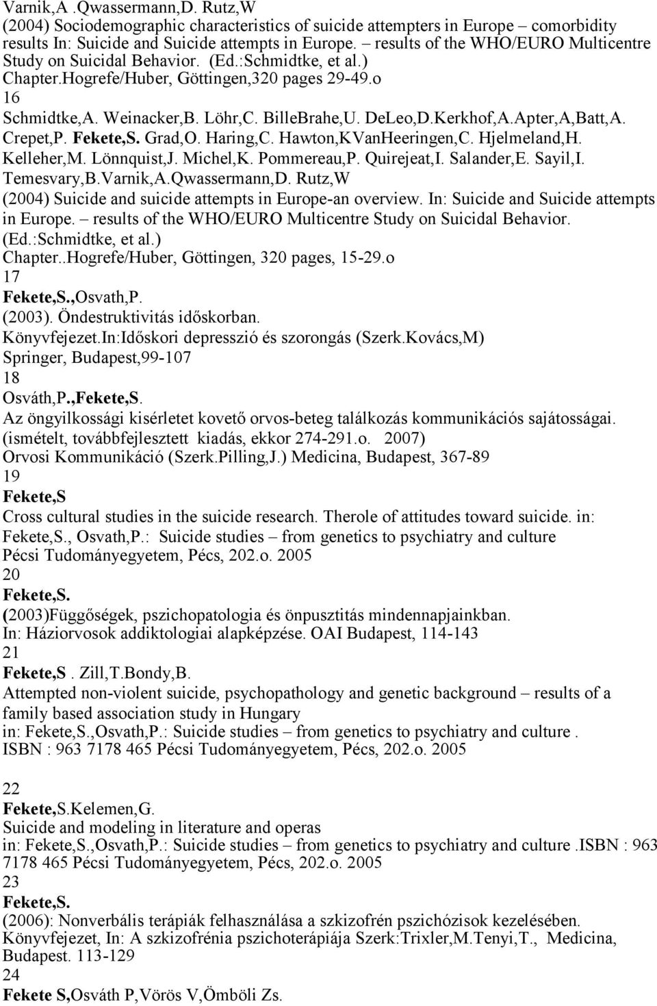 Kerkhof,A.Apter,A,Batt,A. Crepet,P. Grad,O. Haring,C. Hawton,KVanHeeringen,C. Hjelmeland,H. Kelleher,M. Lönnquist,J. Michel,K. Pommereau,P. Quirejeat,I. Salander,E. Sayil,I. Temesvary,B.Varnik,A.