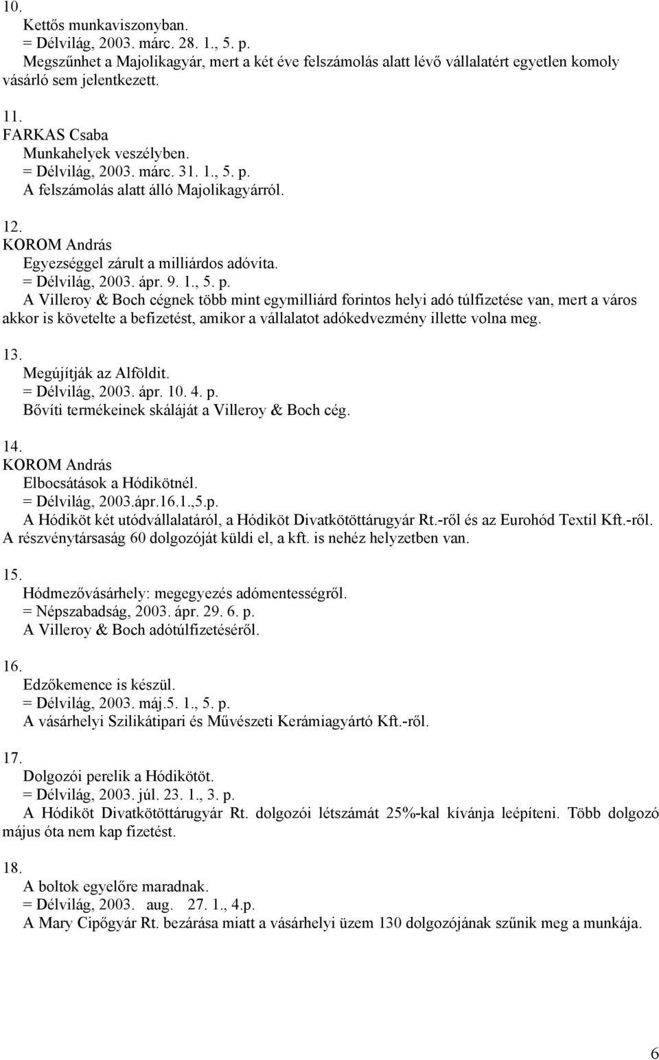 A felszámolás alatt álló Majolikagyárról. 12. Egyezséggel zárult a milliárdos adóvita. = Délvilág, 2003. ápr. 9. 1., 5. p.