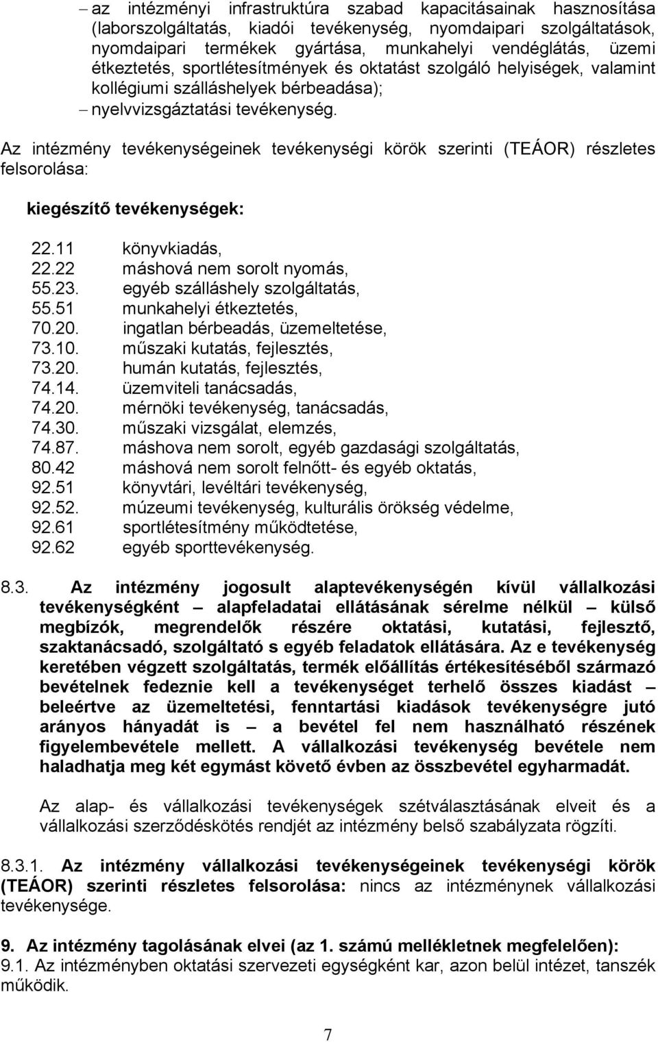 Az intézmény tevékenységeinek tevékenységi körök szerinti (TEÁOR) részletes felsorolása: kiegészítő tevékenységek: 22.11 könyvkiadás, 22.22 máshová nem sorolt nyomás, 55.23.