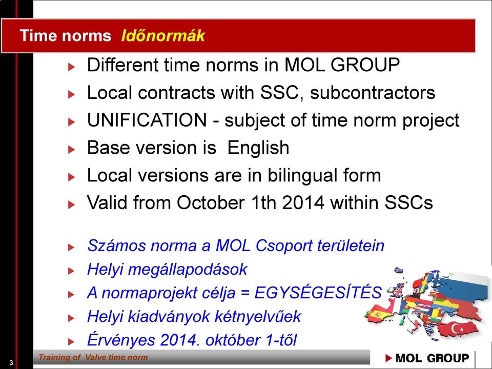 Valid from October 1th 2014 within SSCs 3 Számos norma a MOL Csoport területein Helyi megállapodások A