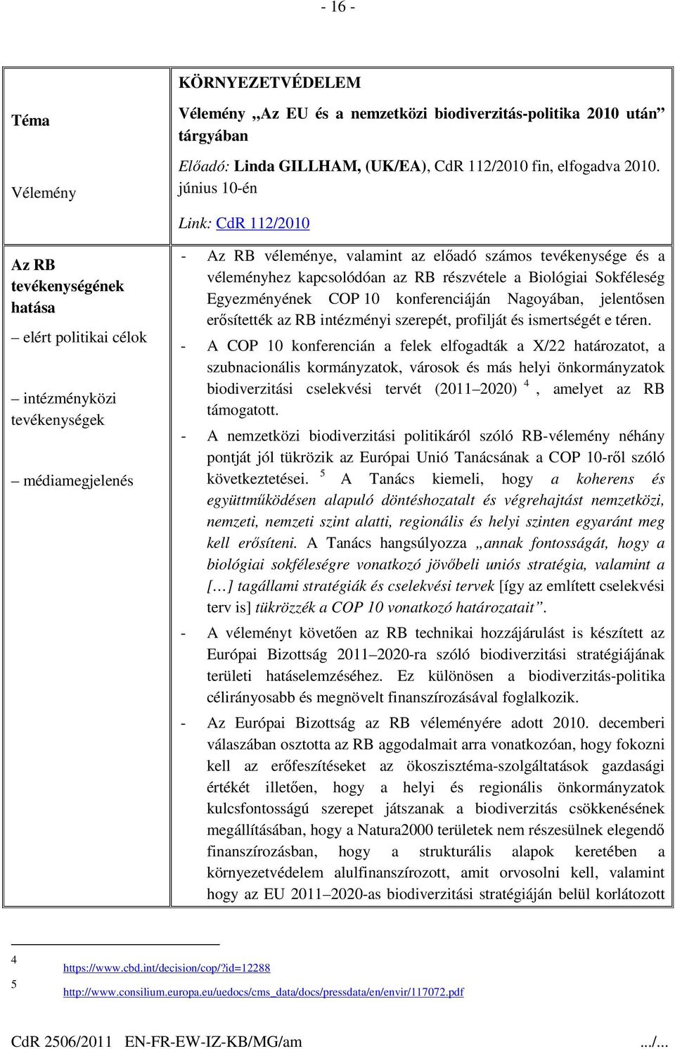 június 10-én Link: CdR 112/2010 - véleménye, valamint az elıadó számos tevékenysége és a véleményhez kapcsolódóan az RB részvétele a Biológiai Sokféleség Egyezményének COP 10 konferenciáján