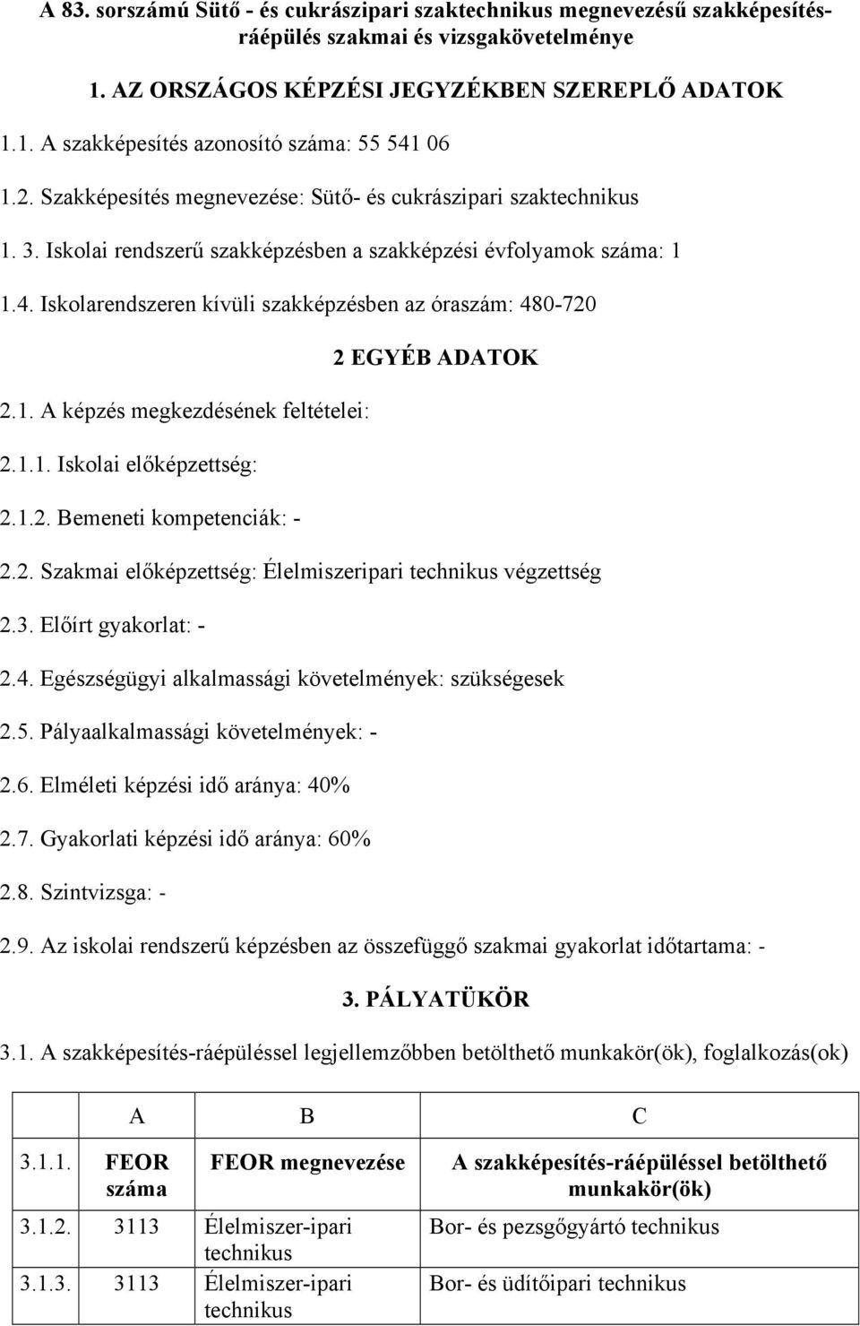 1.1. Iskolai előképzettség: 2.1.2. Bemeneti kompetenciák: - 2 EGYÉB ADATOK 2.2. Szakmai előképzettség: Élelmiszeripari végzettség 2.3. Előírt gyakorlat: - 2.4.