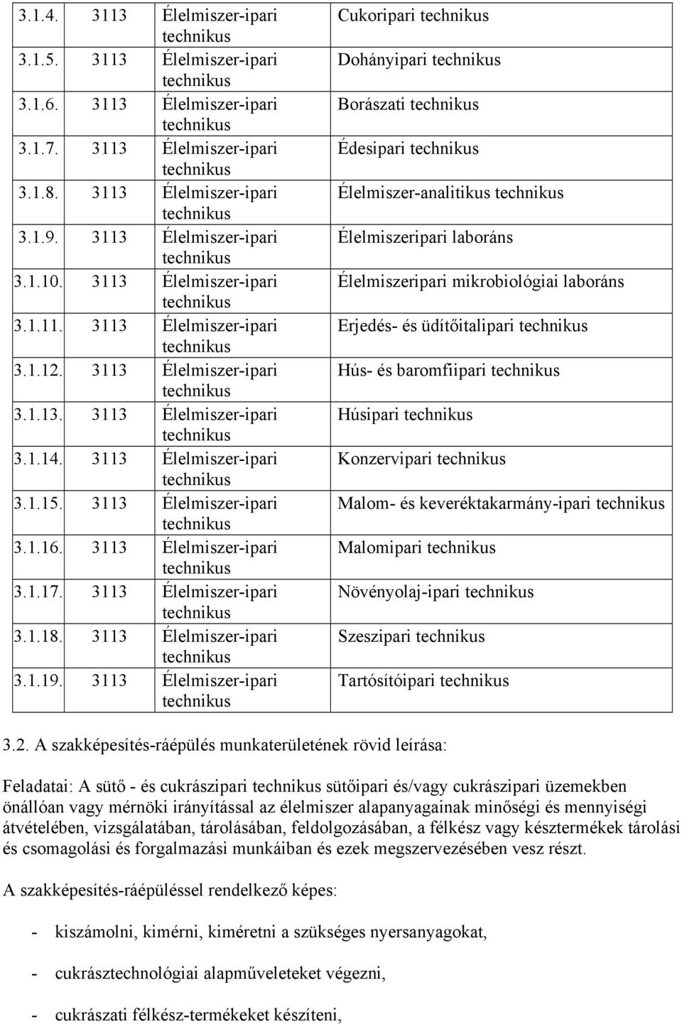 3113 Élelmiszer-ipari 3.1.17. 3113 Élelmiszer-ipari 3.1.18. 3113 Élelmiszer-ipari 3.1.19.