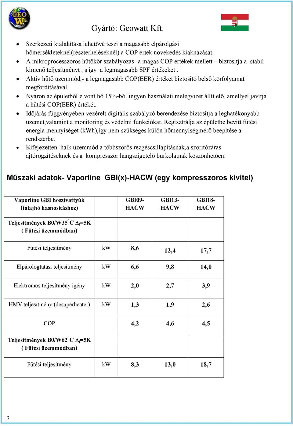 Akív hűő üzemmód,- a legmagasabb (EER) éréke bizosíó belső körfolyama megfordíásával. Nyáron az épüleből elvon hő 15%-ból ingyen használai melegvize állí elő, amellyel javíja a hűési (EER) éréké.