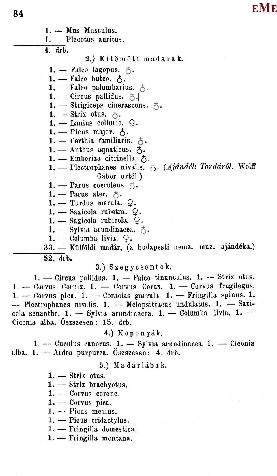 9- Saxicola rubetra. 9- Saxicola rubicola. 9- Sylvia arundinacea. Columba livia. 9-33. Külföldi madár, (a budapesti nemz. muz. ajándéka.) 52 drb. 3.) Szegycsontok. 1. Circus paliidus. 1. Falco tinunculus.