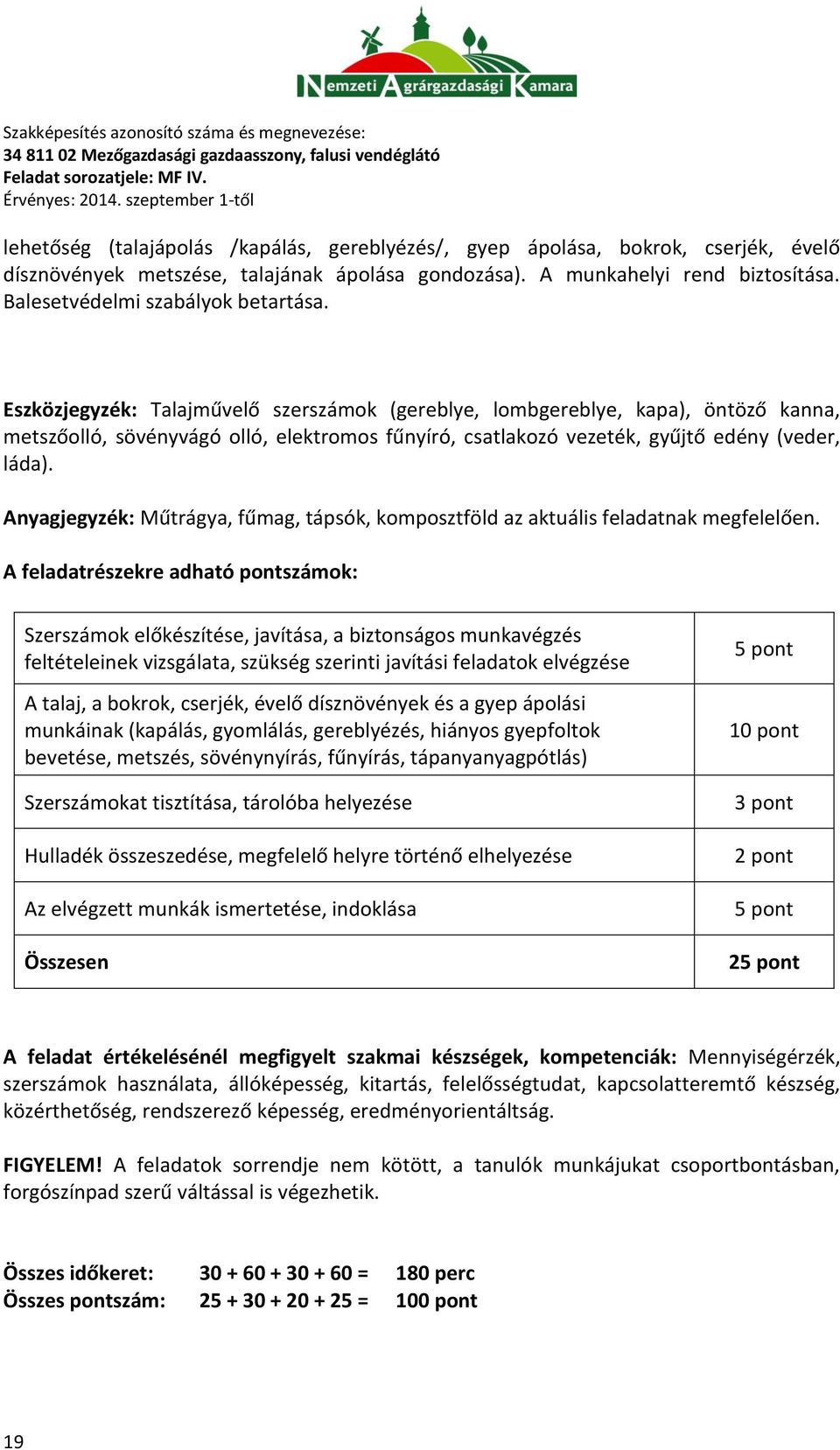 Eszközjegyzék: Talajművelő szerszámok (gereblye, lombgereblye, kapa), öntöző kanna, metszőolló, sövényvágó olló, elektromos fűnyíró, csatlakozó vezeték, gyűjtő edény (veder, láda).