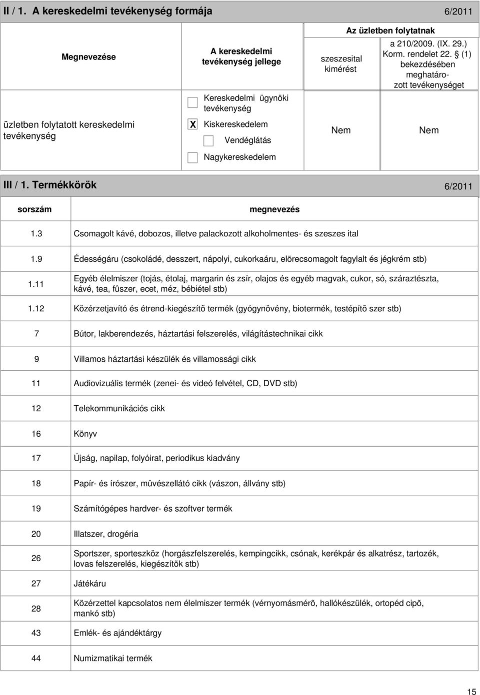 3 Csomagolt kávé, dobozos, illetve palackozott alkoholmentes- és szeszes ital 1.9 Édességáru (csokoládé, desszert, nápolyi, cukorkaáru, elõrecsomagolt fagylalt és jégkrém stb) 1.