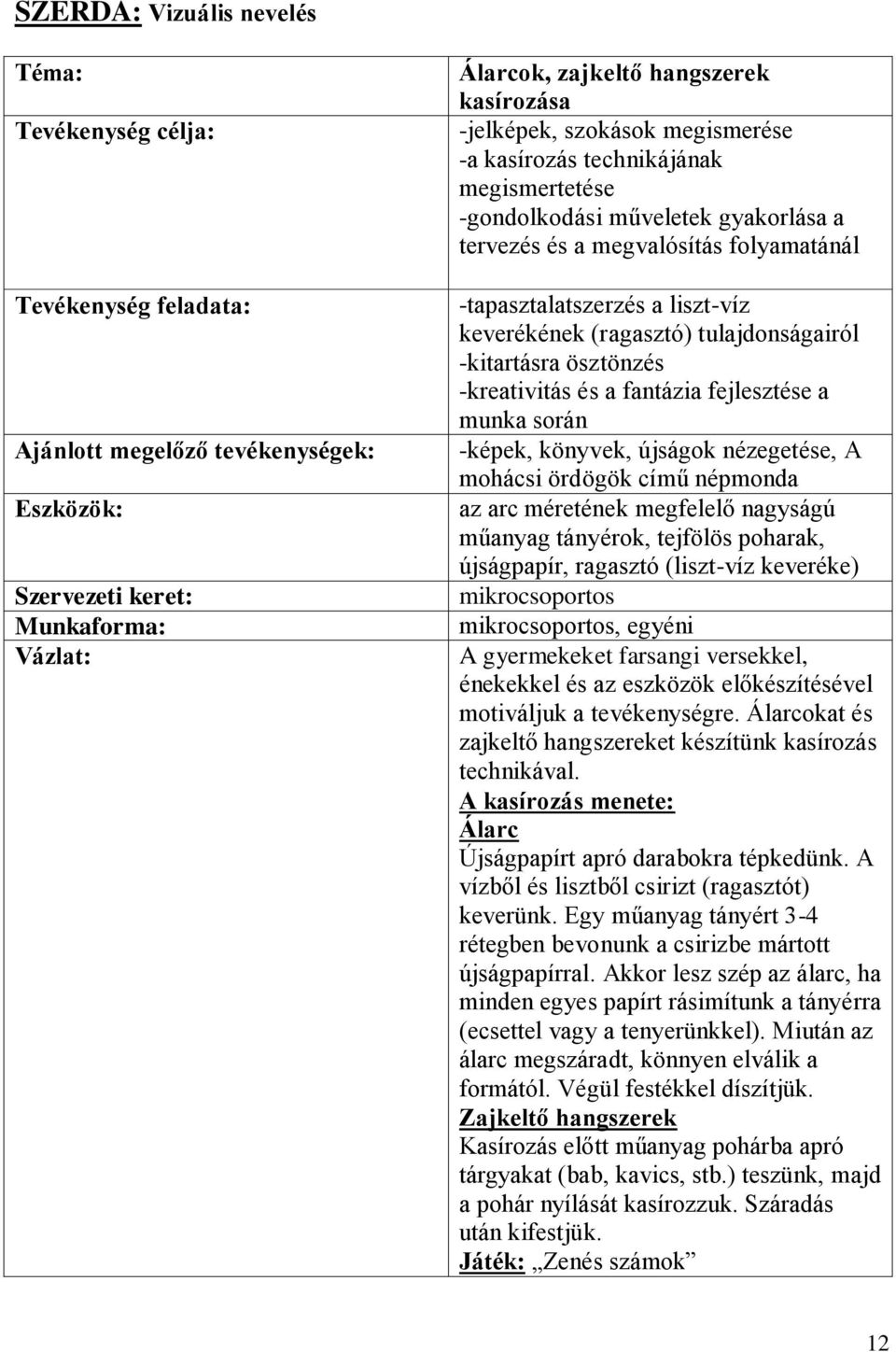 (ragasztó) tulajdonságairól -kitartásra ösztönzés -kreativitás és a fantázia fejlesztése a munka során -képek, könyvek, újságok nézegetése, A mohácsi ördögök című népmonda az arc méretének megfelelő