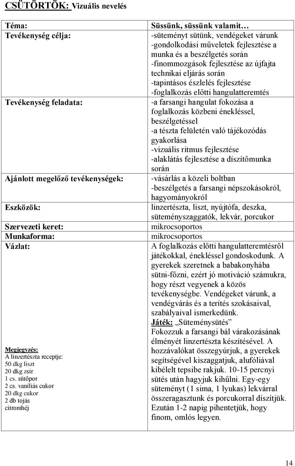 vaníliás cukor 20 dkg cukor 2 db tojás citromhéj Süssünk, süssünk valamit -süteményt sütünk, vendégeket várunk -gondolkodási műveletek fejlesztése a munka és a beszélgetés során -finommozgások